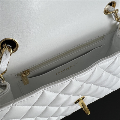 Cha.nel Mini Classic Flap Bag Lambskin Gold Tone Metal White 01116