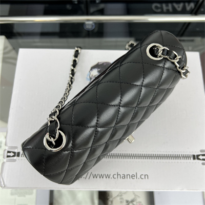 Cha.nel Mini Classic Flap Bag Lambskin Silver Tone Metal Black 01116