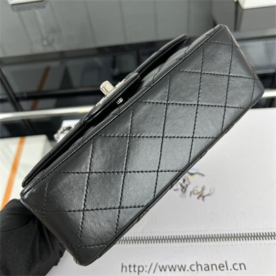 Cha.nel Mini Classic Flap Bag Lambskin Silver Tone Metal Black 01116
