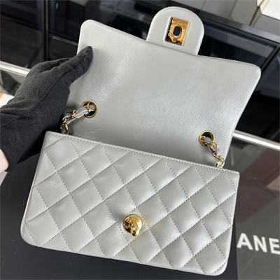 Cha.nel Mini Classic Flap Bag Lambskin Gold Tone Metal Grey 01116