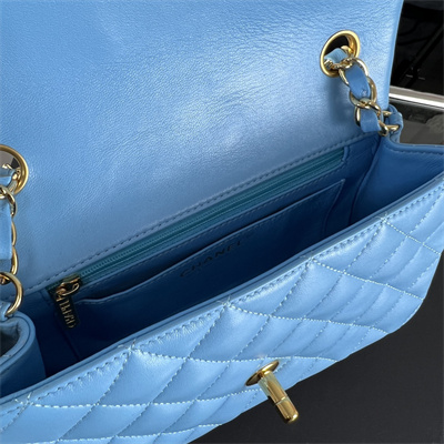 Cha.nel Mini Classic Flap Bag Lambskin Gold Tone Metal Blue 01116