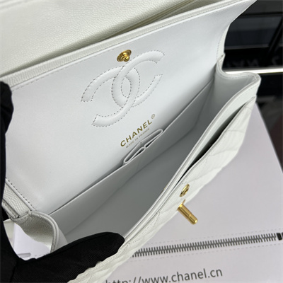 Cha.nel Small Classic Flap Bag Grained Calfskin Gold Tone Metal White 01117 (Flap Edge Stitch)