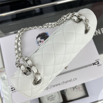 Cha.nel Small Classic Flap Bag Grained Calfskin Silver Tone Metal White 01117 (Flap Edge Stitch)