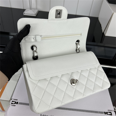 Cha.nel Small Classic Flap Bag Grained Calfskin Silver Tone Metal White 01117 (Flap Edge Stitch)