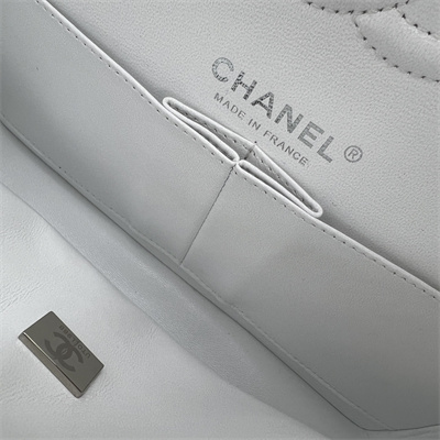 Cha.nel Small Classic Flap Bag Grained Calfskin Silver Tone Metal White 01117 (Flap Edge Stitch)