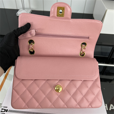 Cha.nel Small Classic Flap Bag Grained Calfskin Gold Tone Metal Pink 01117 (Flap Edge Stitch)