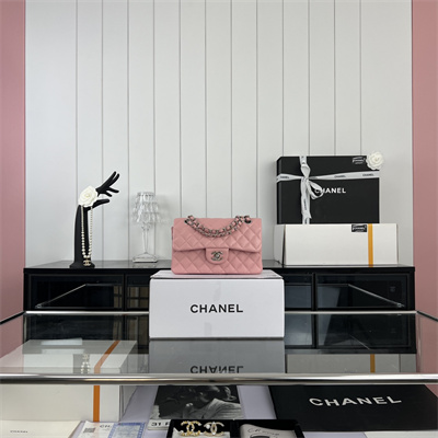 Cha.nel Small Classic Flap Bag Grained Calfskin Silver Tone Metal Pink 01117