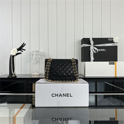 Cha.nel Small Classic Flap Bag Grained Calfskin Gold Tone Metal Black 01117 (Flap Edge Stitch)
