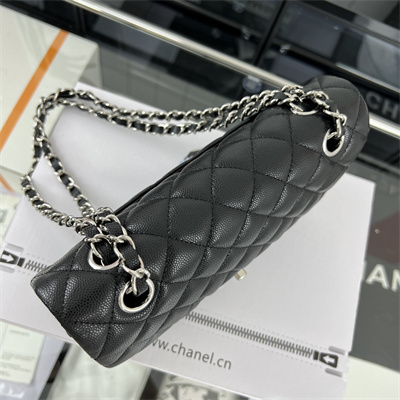 Cha.nel Small Classic Flap Bag Grained Calfskin Silver Tone Metal Black 01117