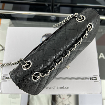 Cha.nel Small Classic Flap Bag Grained Calfskin Silver Tone Metal Black 01117 (Flap Edge Stitch)