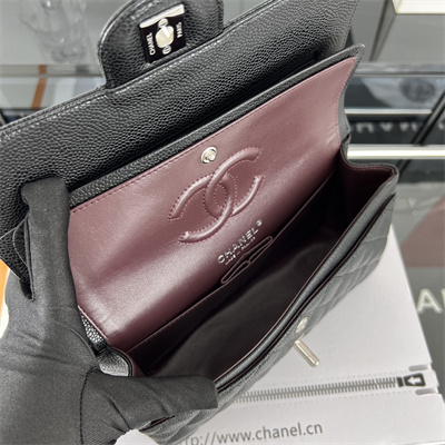 Cha.nel Small Classic Flap Bag Grained Calfskin Silver Tone Metal Black 01117 (Flap Edge Stitch)