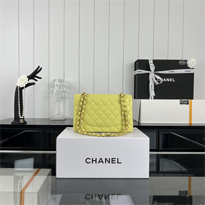 Cha.nel Small Classic Flap Bag Grained Calfskin Gold Tone Metal Yellow 01117