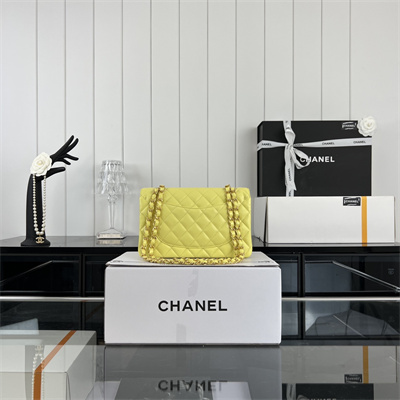 Cha.nel Small Classic Flap Bag Grained Calfskin Gold Tone Metal Yellow 01117 (Flap Edge Stitch)
