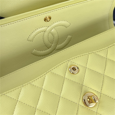 Cha.nel Small Classic Flap Bag Grained Calfskin Gold Tone Metal Yellow 01117 (Flap Edge Stitch)