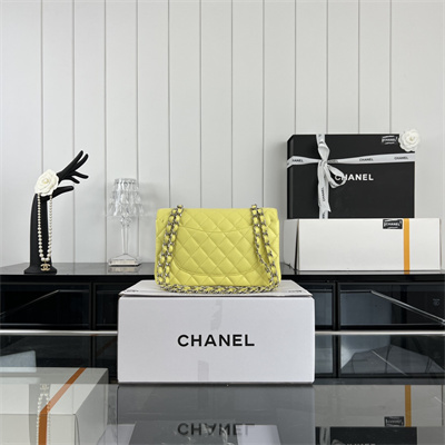 Cha.nel Small Classic Flap Bag Grained Calfskin Silver Tone Metal Yellow 01117 (Flap Edge Stitch)