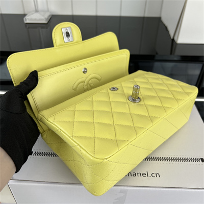 Cha.nel Small Classic Flap Bag Grained Calfskin Silver Tone Metal Yellow 01117 (Flap Edge Stitch)