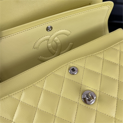 Cha.nel Small Classic Flap Bag Grained Calfskin Silver Tone Metal Yellow 01117 (Flap Edge Stitch)