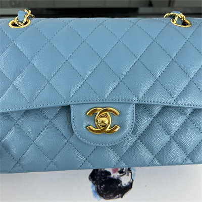 Cha.nel Small Classic Flap Bag Grained Calfskin Gold Tone Metal Blue 01117