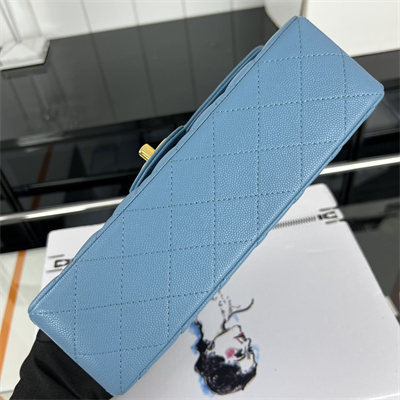 Cha.nel Small Classic Flap Bag Grained Calfskin Gold Tone Metal Blue 01117