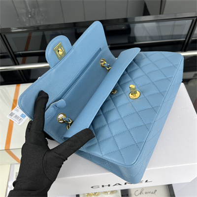 Cha.nel Small Classic Flap Bag Grained Calfskin Gold Tone Metal Blue 01117