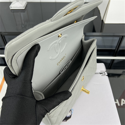 Cha.nel Small Classic Flap Bag Grained Calfskin Gold Tone Metal Grey 01117