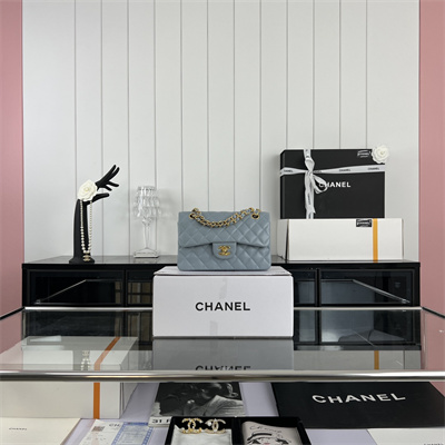 Cha.nel Small Classic Flap Bag Grained Calfskin Gold Tone Metal Lt Blue 01117