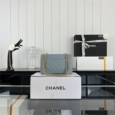 Cha.nel Small Classic Flap Bag Grained Calfskin Gold Tone Metal Lt Blue 01117