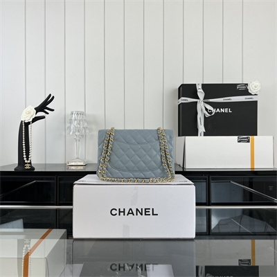 Cha.nel Small Classic Flap Bag Grained Calfskin Gold Tone Metal Lt Blue 01117 (Flap Edge Stitch)