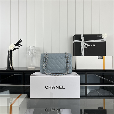 Cha.nel Small Classic Flap Bag Grained Calfskin Silver Tone Metal Lt Blue 01117