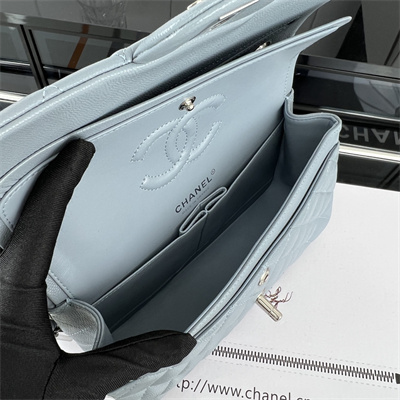 Cha.nel Small Classic Flap Bag Grained Calfskin Silver Tone Metal Lt Blue 01117