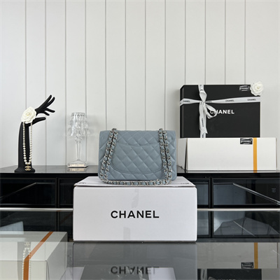 Cha.nel Small Classic Flap Bag Grained Calfskin Silver Tone Metal Lt Blue 01117 (Flap Edge Stitch)