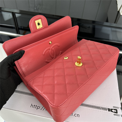 Cha.nel Small Classic Flap Bag Grained Calfskin Gold Tone Metal Red 01117