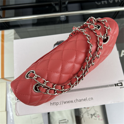 Cha.nel Small Classic Flap Bag Grained Calfskin Silver Tone Metal Red 01117