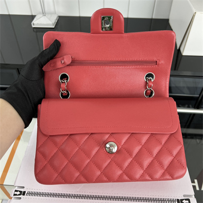 Cha.nel Small Classic Flap Bag Grained Calfskin Silver Tone Metal Red 01117