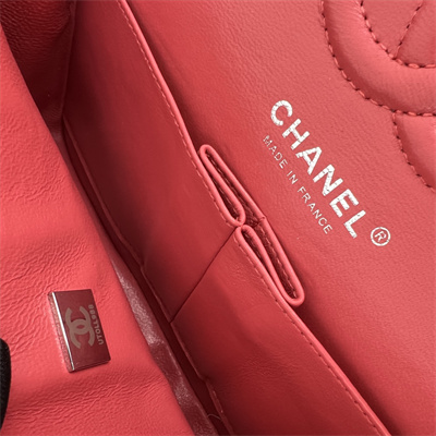 Cha.nel Small Classic Flap Bag Grained Calfskin Silver Tone Metal Red 01117