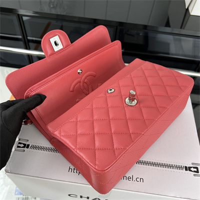 Cha.nel Small Classic Flap Bag Grained Calfskin Silver Tone Metal Red 01117 (Flap Edge Stitch)