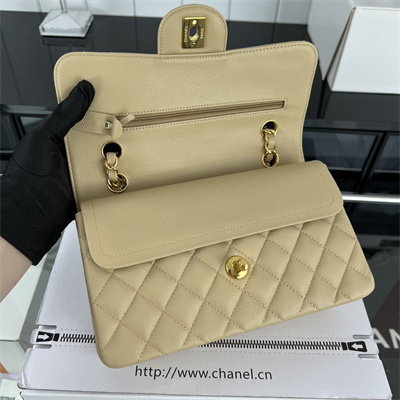 Cha.nel Small Classic Flap Bag Grained Calfskin Gold Tone Metal Beige 01117