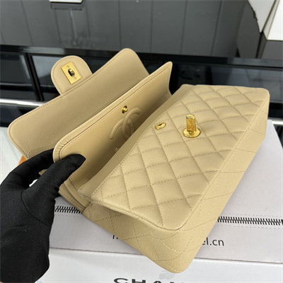 Cha.nel Small Classic Flap Bag Grained Calfskin Gold Tone Metal Beige 01117