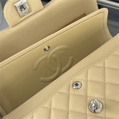 Cha.nel Small Classic Flap Bag Grained Calfskin Silver Tone Metal Beige 01117