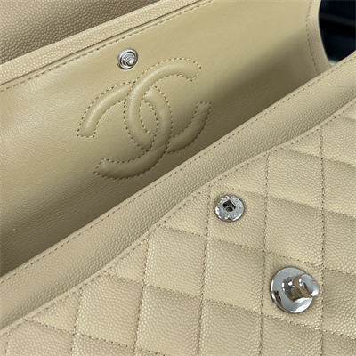 Cha.nel Small Classic Flap Bag Grained Calfskin Silver Tone Metal Beige 01117 (Flap Edge Stitch)
