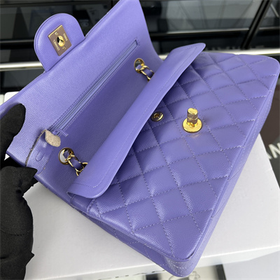 Cha.nel Small Classic Flap Bag Grained Calfskin Gold Tone Metal Purple 01117