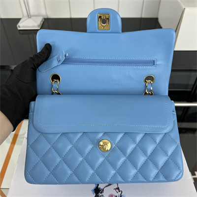 Cha.nel Small Classic Flap Bag Lambskin Gold Tone Metal Blue 01117