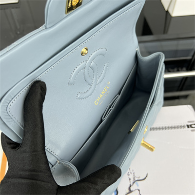 Cha.nel Small Classic Flap Bag Lambskin Gold Tone Metal Lt Blue 01117