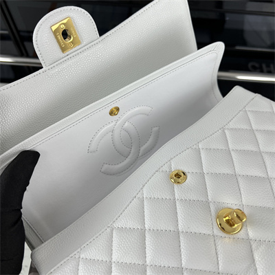 Cha.nel Medium Classic Flap Bag Grained Calfskin Gold Tone Metal White 01112 (Flap Edge Stitch)