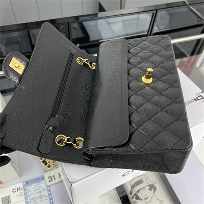 Cha.nel Medium Classic Flap Bag Grained Calfskin Gold Tone Metal Black 01112(Flap Edge Stitch)