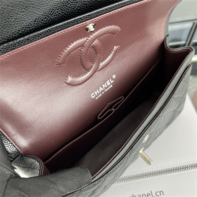 Cha.nel Medium Classic Flap Bag Grained Calfskin Silver Tone Metal Black 01112 (Flap Edge Stitch)