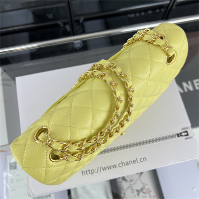 Cha.nel Medium Classic Flap Bag Grained Calfskin Gold Tone Metal Yellow 01112