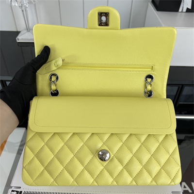 Cha.nel Medium Classic Flap Bag Grained Calfskin Silver Tone Metal Yellow 01112