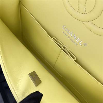 Cha.nel Medium Classic Flap Bag Grained Calfskin Silver Tone Metal Yellow 01112