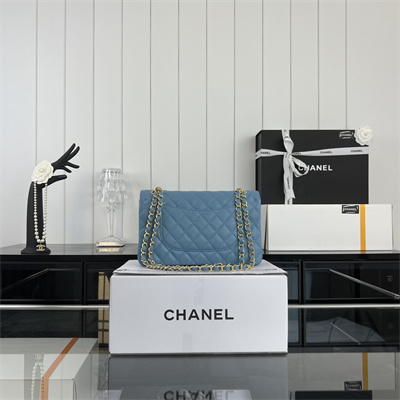 Cha.nel Medium Classic Flap Bag Grained Calfskin Gold Tone Metal Blue 01112 (Flap Edge Stitch)